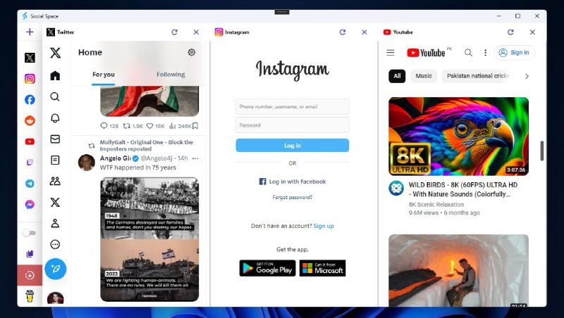 #软件 #工具 #开源♾ Social Space - 一款可以将应用并排和多开的工具▎软件功能: 应用多开▎支持平台: #Windows▎软件介绍: 一个可让并排打开应用程序并保存工作区的工具，支持同时打开多个应用程序，并显示在同一个界面上，方便不同应用之间切换和操作